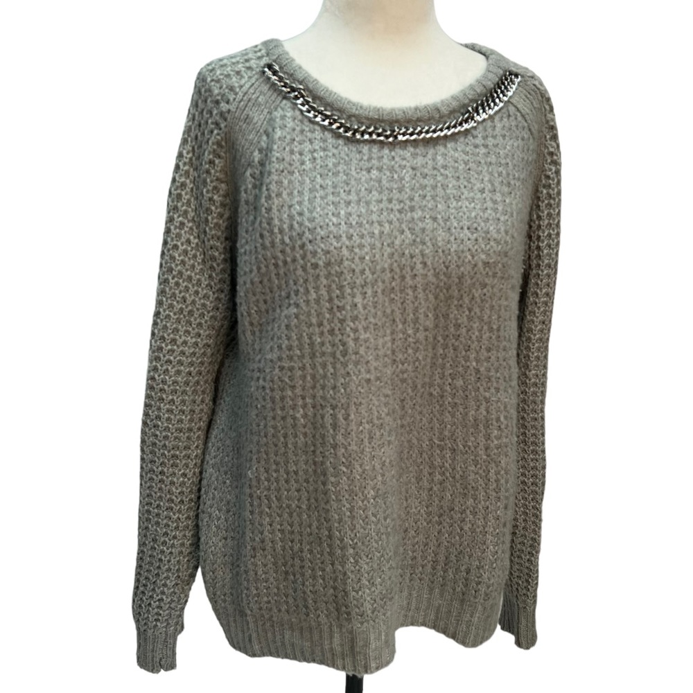 Line Grey Chunky Knit Crew Neck Sweater Chain Detail Around Neckline Siz…